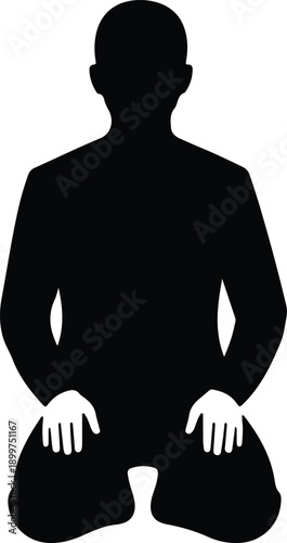 Silhouette man kneeling in traditional prayer meditation or worship posture illustration vector