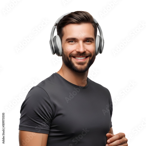 Handsome man wearing headphones and smiling isolated on transparent background