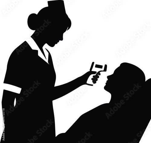 Silhouette nurse checking patient temperature with infrared thermometer illustration vector
