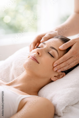 Wallpaper Mural Young woman enjoying a soothing facial massage in a spa Torontodigital.ca