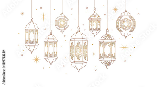 A group of lanterns and stars on a white background