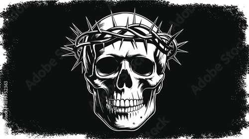Black white skull with crown of thorns on dark background gothic christian religious vector illustration tattoo art