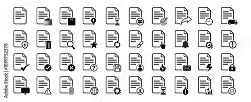 Set of 40 document and file management line icons. Business symbols for data processing, security, search, sync, and storage. Vector illustration isolated on white for web and app design.