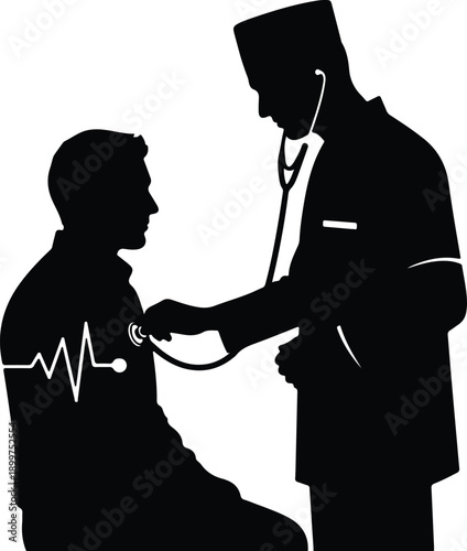 Silhouette professional doctor examining patient with stethoscope and heartbeat illustration vector