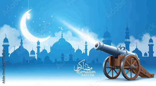 A cannon in front of a mosque during ramadan