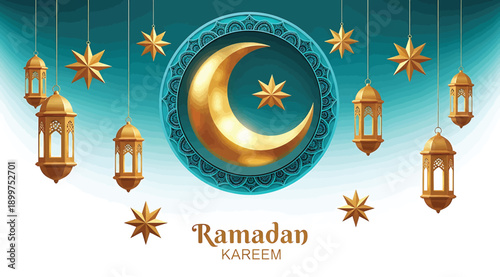 Ramadan kareem greeting with crescent moon and lanterns