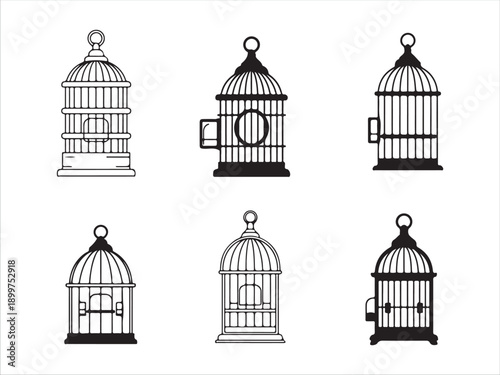 Various vintage style bird cages with different door designs isolated image