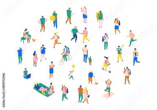 Isometric city people collection showing urban lifestyle: jogging, cycling, walking, delivery, yoga, relaxation, outdoor activities, and modern leisure design.