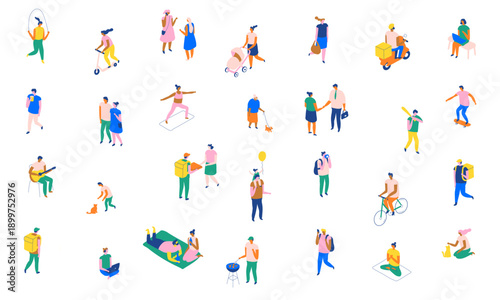 Flat isometric urban lifestyle set: delivery workers, yoga, couples, families, children, cyclists, pets, friendship, sports, and diverse city people. Vector illustration.