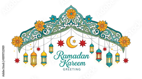 Ramadan kareem greeting with lanterns and crescent moon