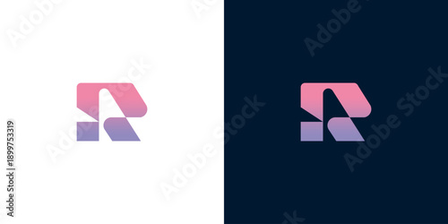Abstract letter R logo design in gradient colors on white and dark backgrounds, modern and clean minimalist branding identity