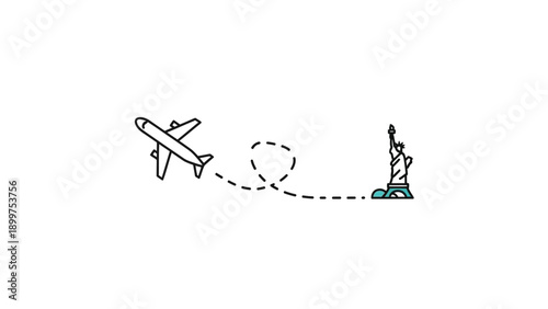 Airplane flying towards Statue of Liberty New York icon