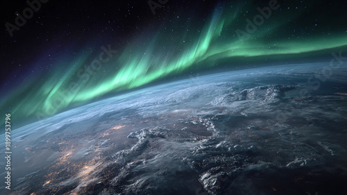 Earth from Near Space at Night with Intense Green Aurora Bands, Solar Particle Storm Effects, Blue Atmospheric Limb, Dark Oceans and Clouds, High-Realism Scientific Documentary View