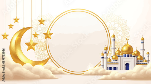 A golden mosque with a crescent moon and stars