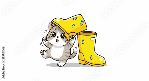 Funny Kitten Accidentally Covered by Falling Yellow Rain Boot, Clumsy Pet and Playful Concept, Vector Illustration