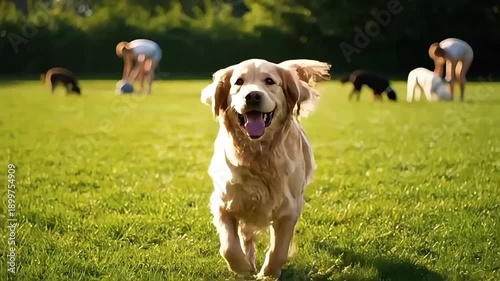 Happy Golden Retriever Running in Park.