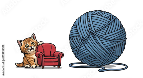 Miniature Red Armchair Next to Giant Blue Yarn Ball, Concept of Knitting Hobby and Cozy Home Decor, Vector Art