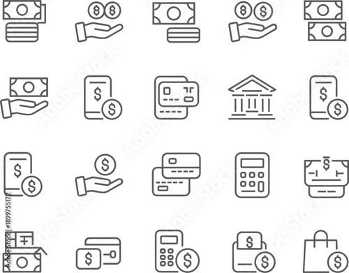 Comprehensive Finance and Banking Line Icon Set Featuring Mobile Payment Solutions Credit Card Transactions Currency Exchange Wealth Management Budgeting Tools and Online Shopping Symbols for Fintech