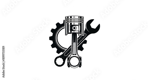 Automotive Engine Piston and Wrench with Gear Symbol.