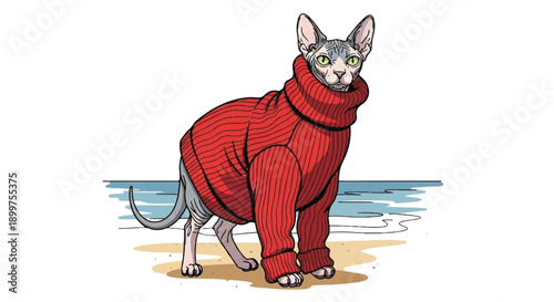 Hairless Sphynx Cat Wearing Red Turtleneck Sweater on Beach, Funny Fashionable Pet Concept, Vector Illustration
