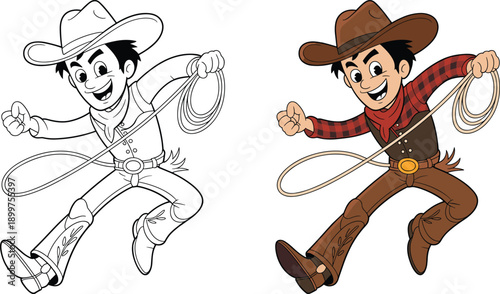 Cartoon cowboy character swinging lasso, western rodeo hero illustration, line art and colored versions, playful cowboy mascot design