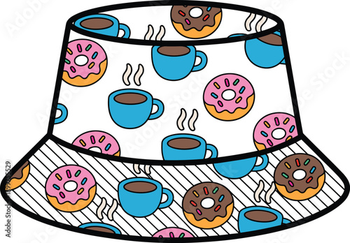 Cute coffee and donut bucket hat illustration with seamless food pattern, funny streetwear accessory design, colorful cartoon fashion vector art