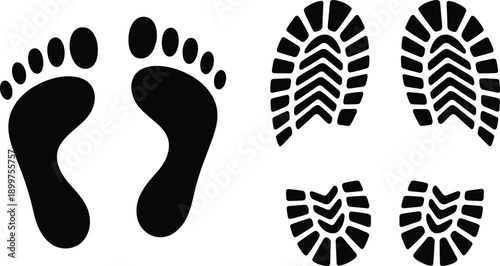  Footprints and shoe sole tread silhouette icons set showing barefoot steps and footwear marks, walking tracking symbols, black footprint vector illustration