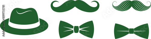 Gentleman accessories icons set with mustache, fedora hat and bow tie, stylish retro fashion symbols, simple flat silhouette vector illustration