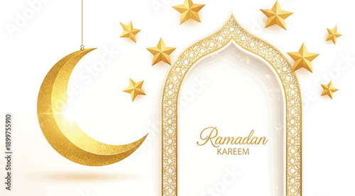 A golden ramadan mubarak greeting card with a crescent moon and stars