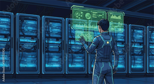 IT Specialist Monitoring Server Performance with Interactive Digital HUD for Cyber Security and Network Infrastructure Management