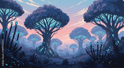 Ethereal Fantasy Landscape with Giant Glowing Alien Trees and Mysterious Plants in Soft Pink and Purple Twilight Skies