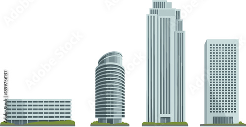 Modern city skyline building collection with skyscrapers and office towers, minimalist urban architecture vector illustration isolated on white background