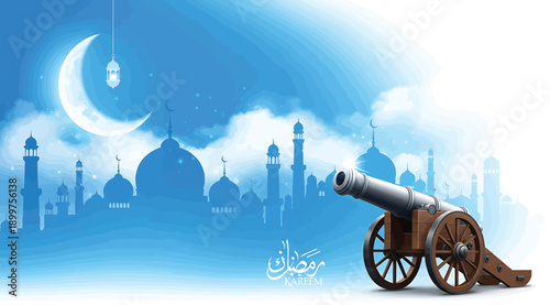 A cannon in front of a mosque skyline on a blue background