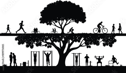 Outdoor park lifestyle silhouette with people exercising, walking, cycling and fitness activities under tree, healthy urban recreation scene vector illustration