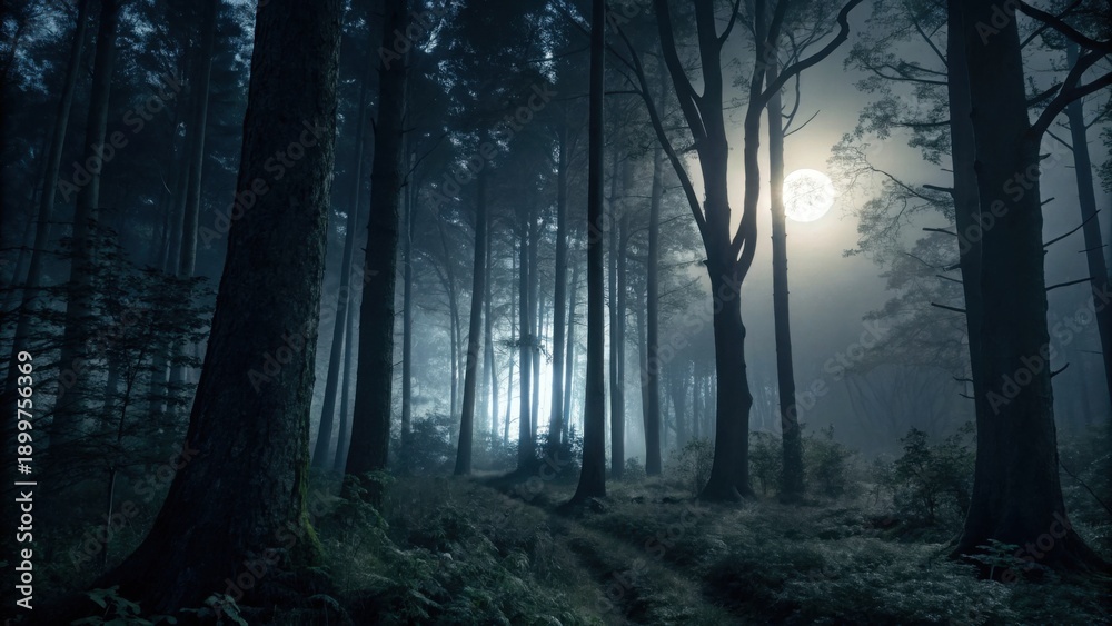 Fototapeta premium Mysterious Forest Path Under Moonlight with Eerie Sounds Surrounding