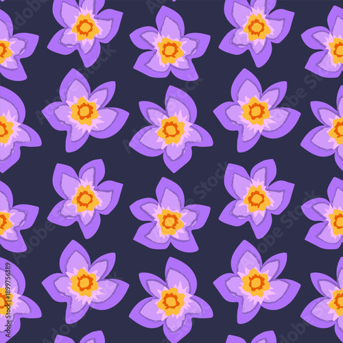 Floral background with purple crocuses. Modern cute delicate background with spring plants. Vector