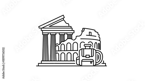Iconic Roman landmarks with travel backpack outline illustration