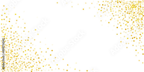 Gold glitter corners vector background. Golden confetti  falling down, flying. Sparkle dots, round tinsel celebration backdrop
