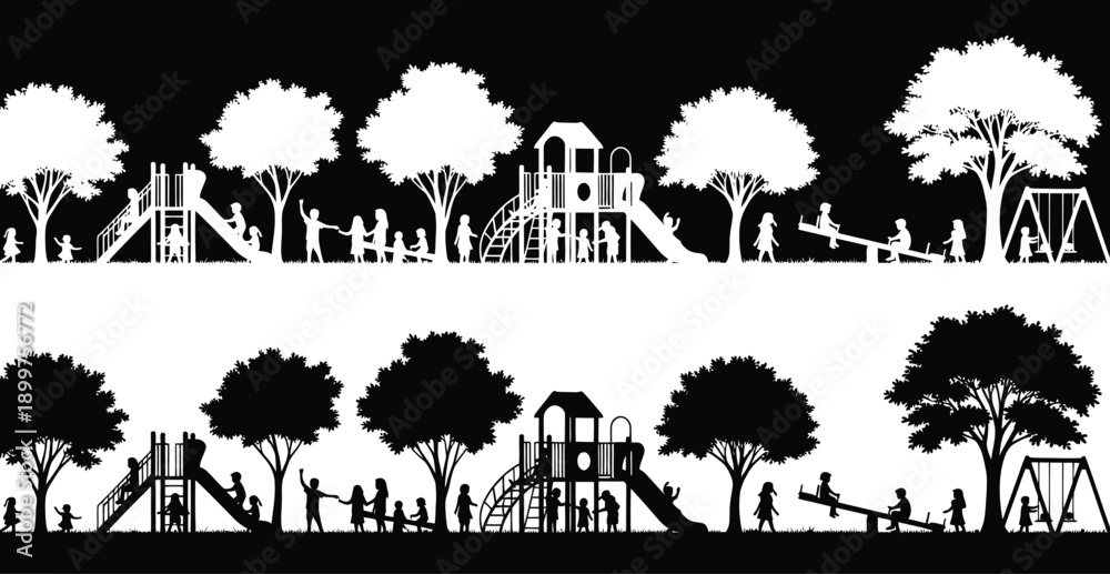 Fototapeta premium A black and white illustration of children playing on playground equipment surrounded by trees.