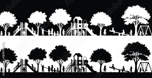 A black and white illustration of children playing on playground equipment surrounded by trees.