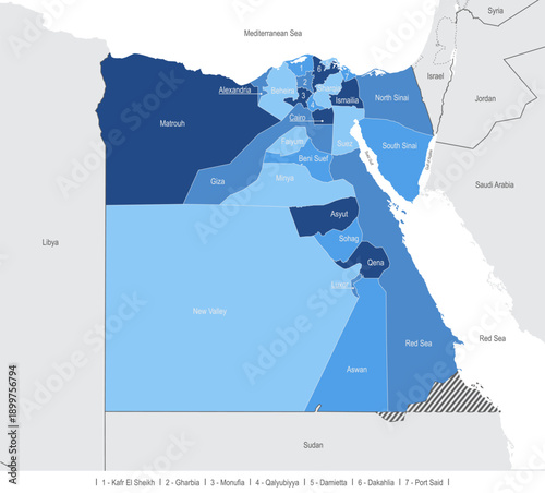 Detailed map of Egypt with regions and waterways, division into governorates, or muhafazas, blue outline of the country on white background, vector illustration