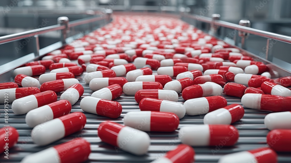 Obraz premium Red and White Capsules on Production Line in Pharmaceutical Manufacturing Facility