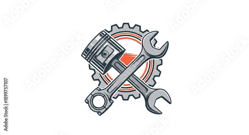 Automotive Engine Piston Gear and Wrench Icon.