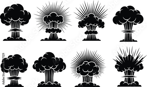 A collection of black and white explosion icons on a clean white background