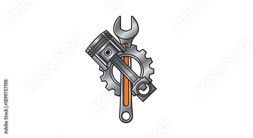 Automotive Engine Piston Connecting Rod Gear and Wrench.