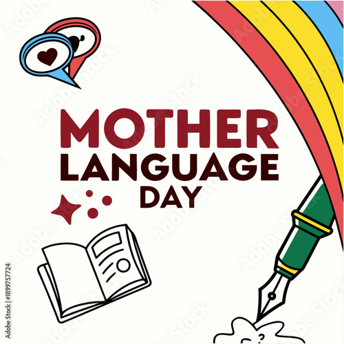 International Mother Language Day flat vector illustration featuring a book, fountain pen, and speech bubbles. Creative educational concept for global linguistic diversity, cultural heritage.
