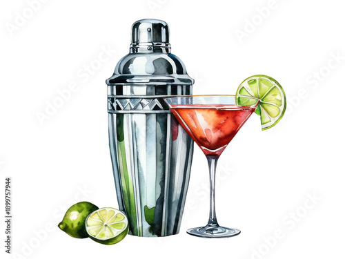 A clear glass containing a refreshing drink, accompanied by a wedge of citrusy lime watercolor painting