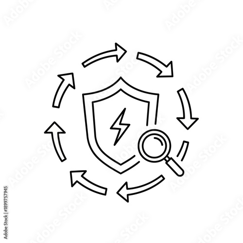 Security audit process icon with protective shield and magnifying glass