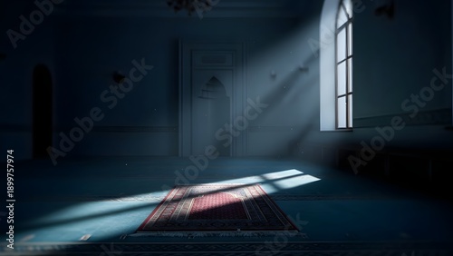 Spiritual mosque room with red prayer rug and light beam from window