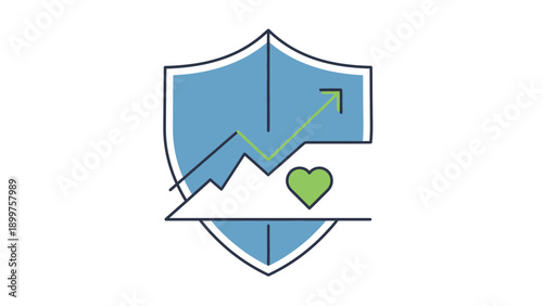 Shield with growing health graph and green heart icon.